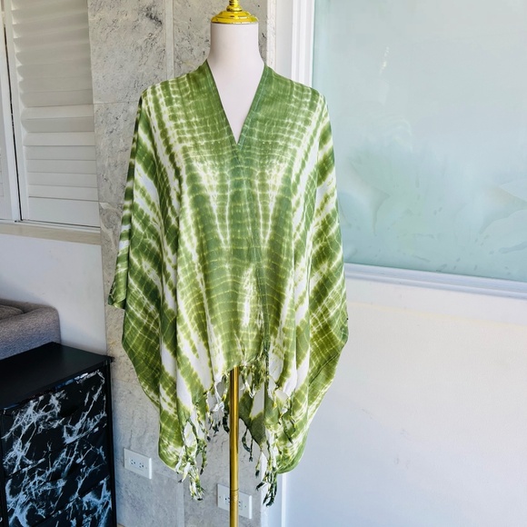 0057/ Green White Kimono Cover up, Beach Outer with Fringes - Picture 5 of 10